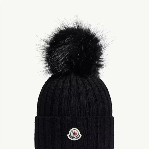 Moncler Black Ribbed Knit Beanie with Fur Pom and Logo Patch - Picture 1 of 3